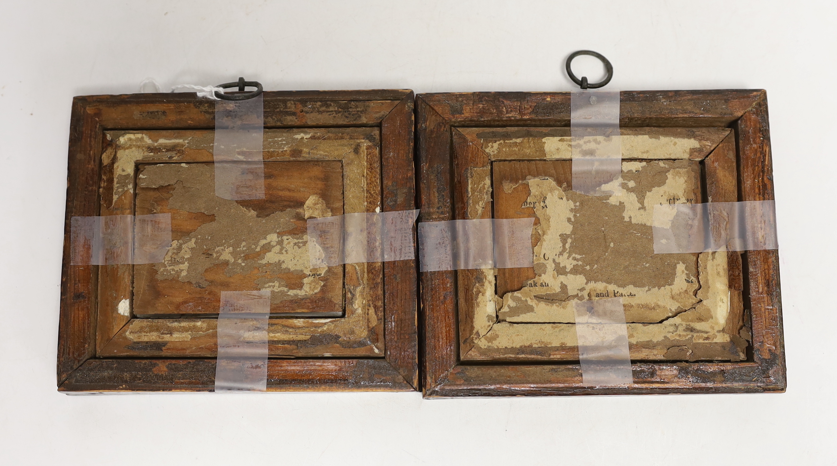 A framed pair of 18th century French enamel on copper plaques, 12x15cm total